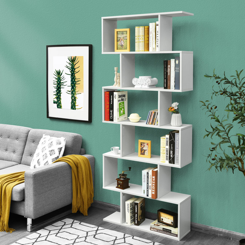 White S-Shaped 6-Tier Wooden Geometric Bookcase