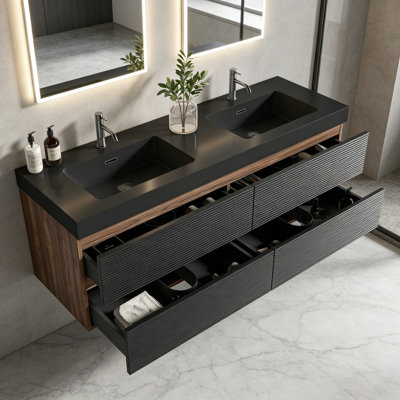 Grace 60" Walnut Bathroom Vanity With Matt Black Engineered Quartz Sink And Soft Black Drawers, Wall Mounted Floating Bathroom Vanity, Without Drainage And Faucet, Pre-Assembled