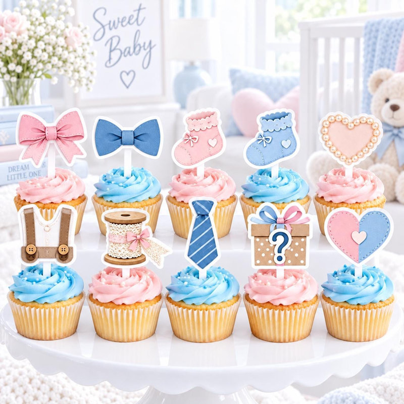 Décorations pour cupcakes en forme de nœuds papillons ou de rubans, décoration pour fête de révélation du sexe, ensemble de 10 décorations en carton