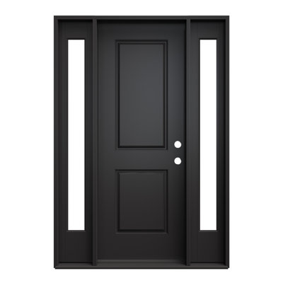 Porte d'entrée extérieure extérieure en fibre de verre 32 po x 80 po, peinte en noir, porte prémontée à 2 panneaux, double imposte latérale fixe, porte vitrée claire noire à 1 carreau avec chambranle, ouverture vers l'intérieur à gauche (ensemble de quincaillerie non inclus)