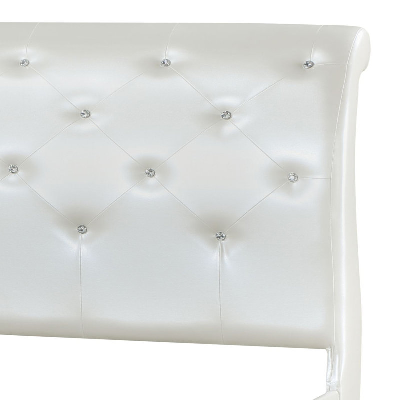 Lit (traîneau rembourré), cuir synthétique blanc perle et ivoire, Simple