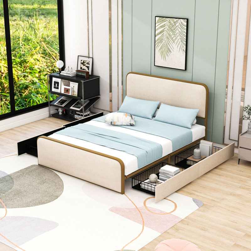 Structure de lit plateforme avec 4 tiroirs de rangement, Grand