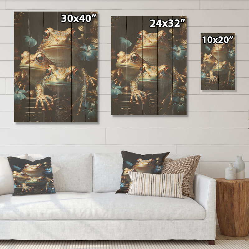 Portrait de grenouilles baroque - grenouilles et crapauds, art mural sur bois de pin naturel, H 40 po x l 30 po
