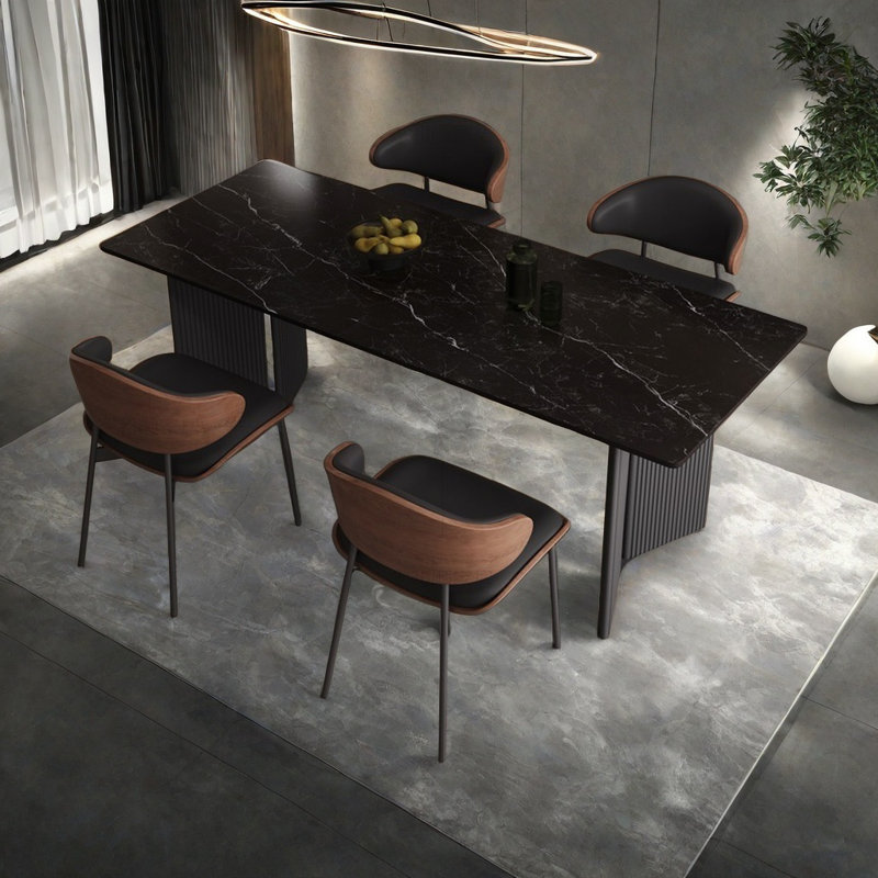 Home black rectangular rock dining table set, 29.52"H x 94.48"L x 43.3"W