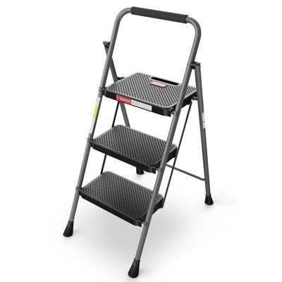 Gray 3-Step Folding Ladder with Anti-Slip Wide Pedals – 330 lbs Capacity, Lightweight for Home, Kitchen, Garage & Outdoor Use.