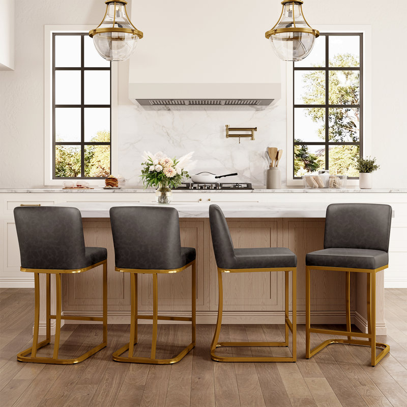 Tabouret de comptoir de cuisine moderne de 24 po avec siège rembourré en similicuir Kunkel et structure en métal, Doré, Gris