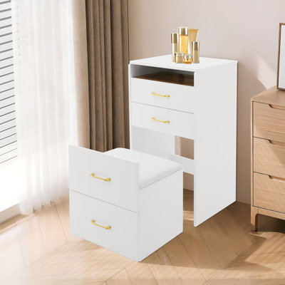White 3-in-1 Compact Vanity Desk with Mirror&LED Light Small Modern Dressing Table with Hidden Storage Stool Flip Mirror Convertible Nightstand 3 Color Dimmable Light Makeup Vanity for Bedroom