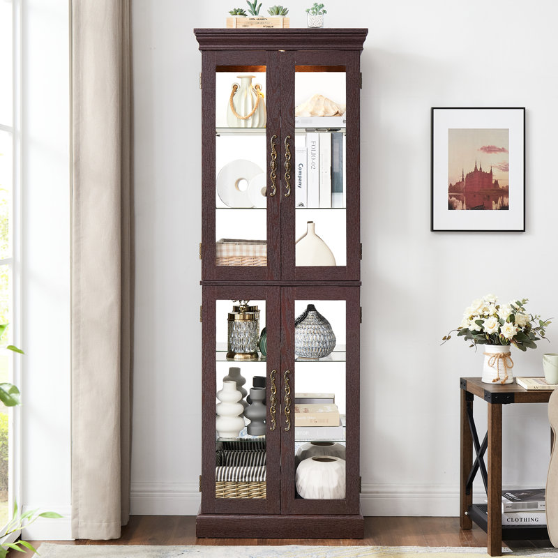 Aumbre Glass Storage Display With Illuminated Feature And Movable Shelves - Dark Cherry Case Sophisticated Lighting System Quiet Door 12.09 In. Wide