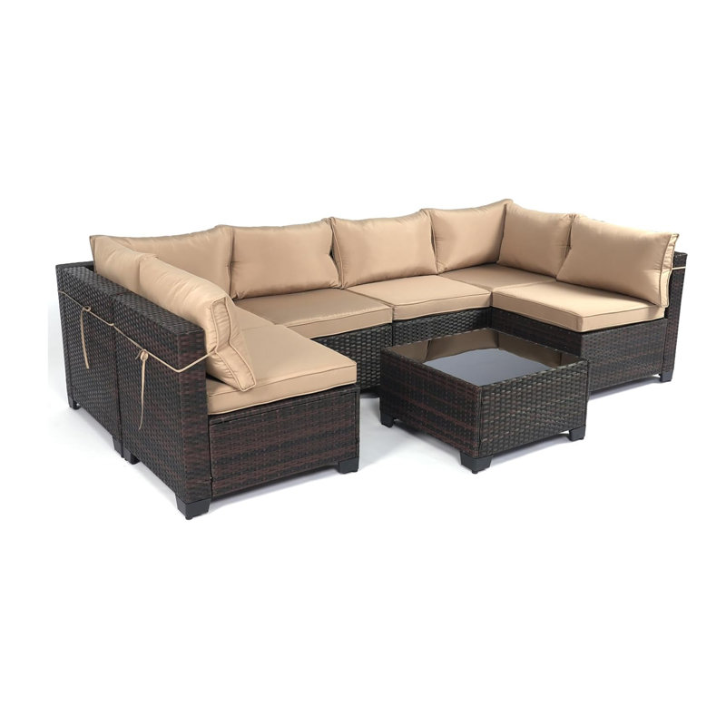 14Pack Cushion Slipcovers Set For 7 Pcs (6 - Seaters) Wicker Rattan Sectional Sofa, Outdoor - Friendly With Zipper, Durable Polyester Material, Ideal For Garden, Patio & Backyard, Khaki Color