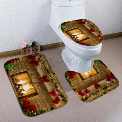 3Pc/Set Christmas Fireplace Bathroom Waterproof Carpet Toilet Cover Seat Cushion Pad Mat