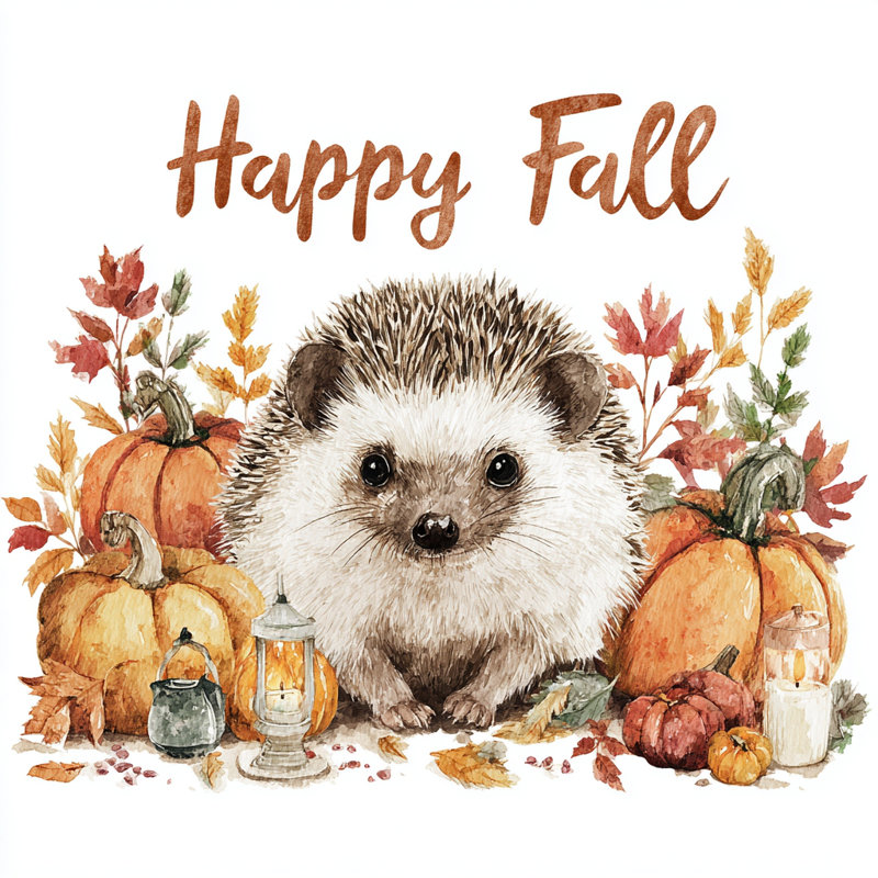 «Happy Fall Hedgehog with Pumpkins and Lanterns», art mural sur toile tendue
