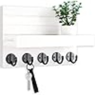 Porte-clés pour mur, porte-clés décoratifs et porte-courrier avec tablette et grands crochets pour sacs, manteaux - Porte-clés en bois de paulownia avec quincaillerie de fixation (l 9,8 po x H 6,7 po x P 4,2 po) (bois brûlé)