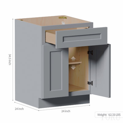Meuble bas autoportant de style Shaker gris foncé, 61 cm (24 po), en bois massif, fini mat peint à la main, un tiroir et deux portes à fermeture douce, une étagère réglable, rangement au sol multifonctionnel pour la cuisine, la salle de bain et la buanderie.