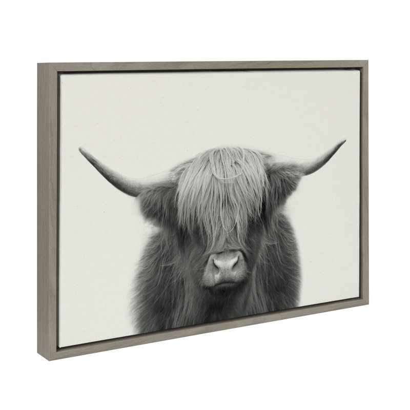 «Hey Dude Highland Cow BW» par The Creative Bunch Studio, reproduction d'art sur toile encadrée, H 18 po x l 24 po, Gris