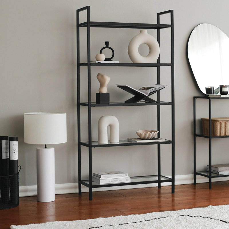 Modern Industrial Bookshelf, Black, 31.5 x 64.9 x 11.8 inches | 100% Tempered Glass Shelves (4 mm Thickness) with 100% Metal Frame | Wall-Mountable, Stylish Design for Home or Office Storage, Durable & Elegant