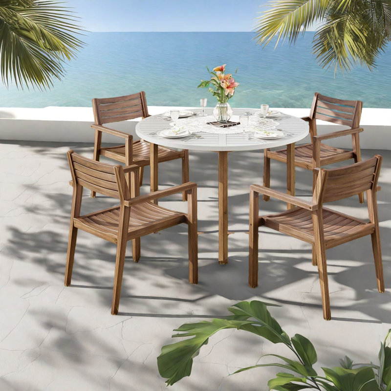 Élégant ensemble de salle à manger de patio 5 pièces, bois d'acacia, style extérieur moderne