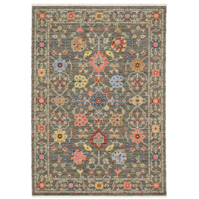 Oriental Machine Woven Gray/Pink Wool and Nylon Blend Area Rug