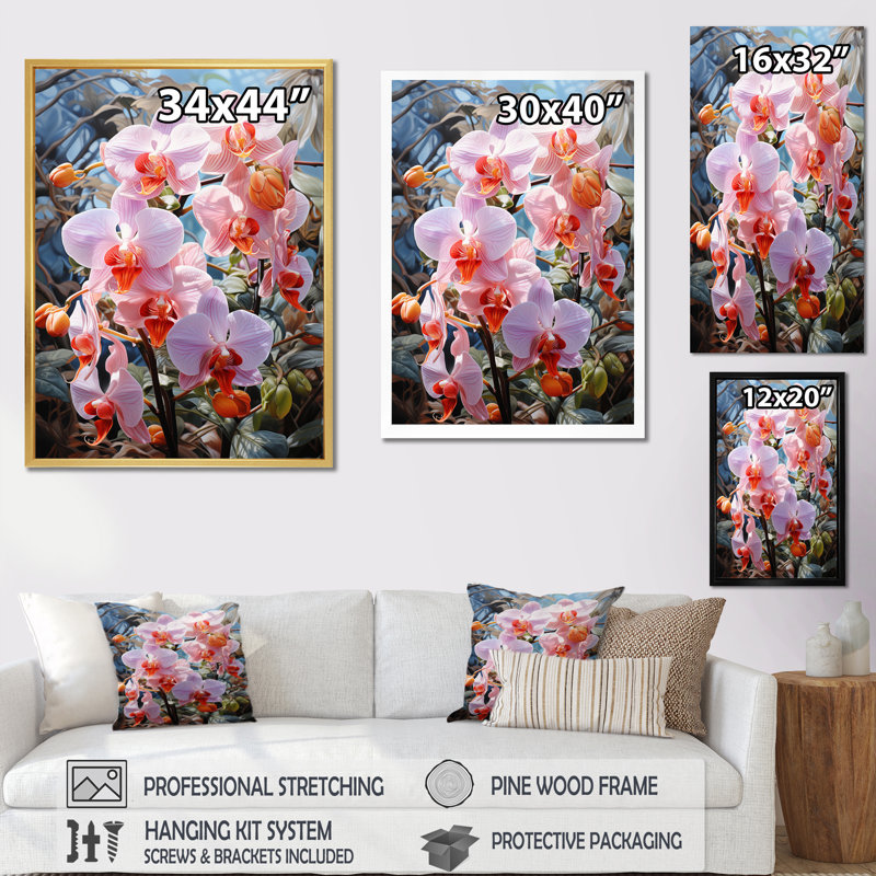 Orchidées roses, allure tropicale sur toile, H 40 po x l 30 po x P 1,5 po, Cadre flottant noir