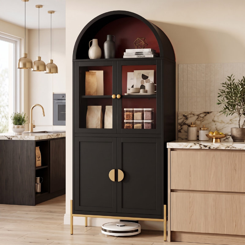 Vitrine cintrée en acier de 189 cm de haut avec double porte en acrylique transparent, étagères réglables et espace de rangement fermé, idéale pour le salon, la salle à manger et le bar.
