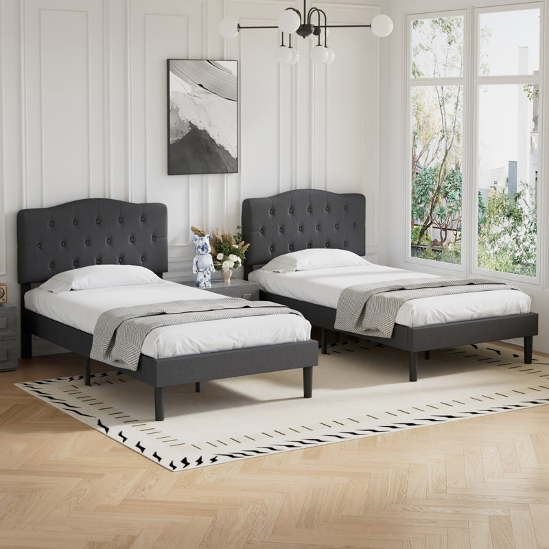 Lit simple tapissier de taille simple avec tête de lit réglable, ensemble de 2 cadres de lit plateforme simple, support de lattes en bois, aucun sommier nécessaire
