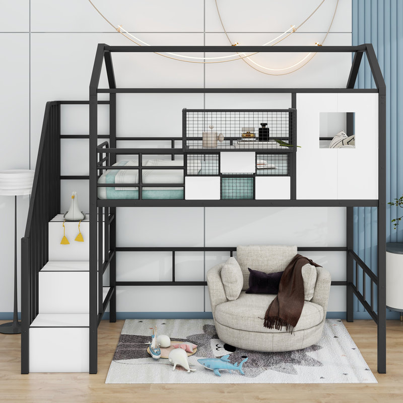 Lit mezzanine en métal avec toit et boîte de rangement, Noir