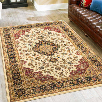 Tapis classique crème 10 pi 6 po x 14 po avec motif en médaillon élégant aspect polypropylène