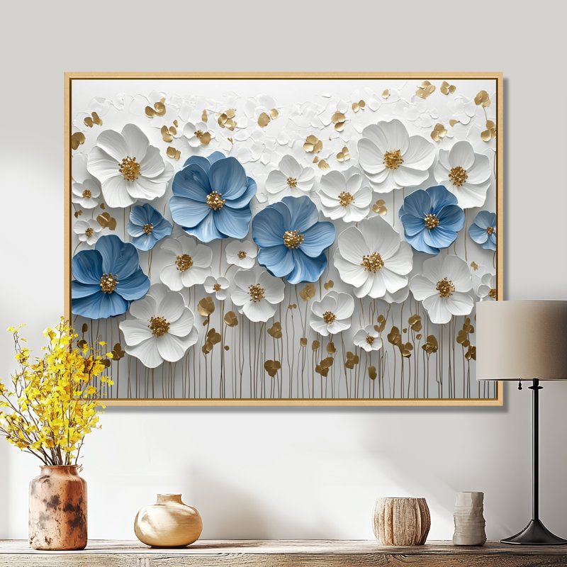 Ikramudeen II - Floral Wall Art, H 16 po x l 32 po, Impression encadrée flottante, Crème, crème