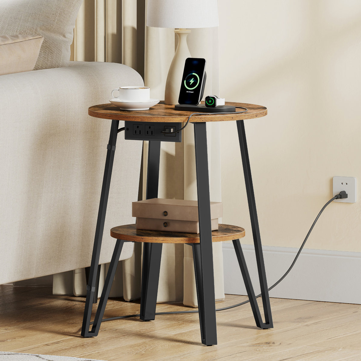 End Table With Charging Station, 2 USB ports, 2 Power Outlets, and 2-Tier Round Storage Shelves