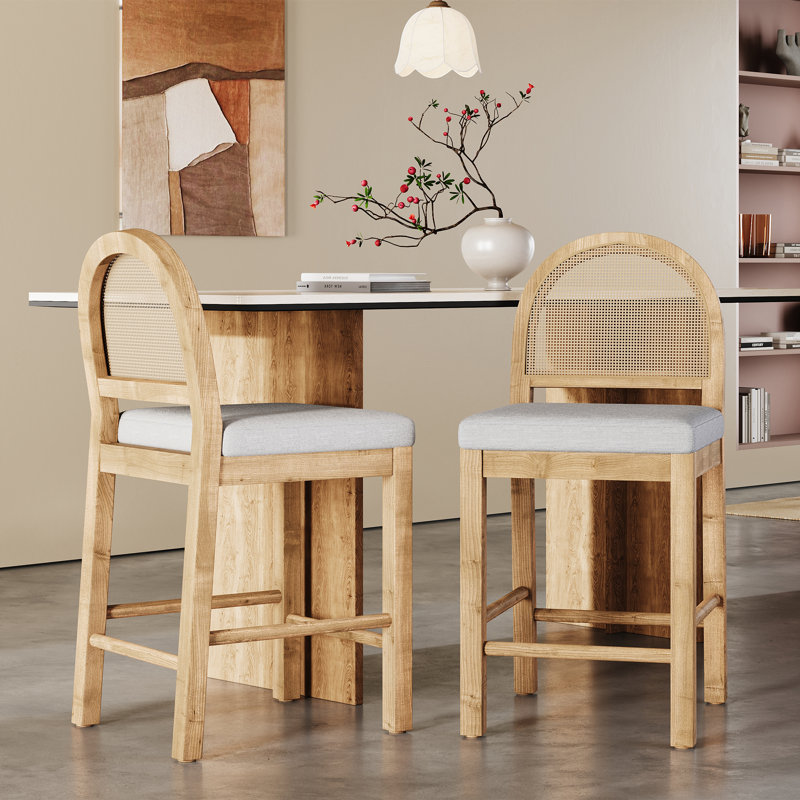 Judd 24.50'' Seat Height Modern Rustic Rubberwood Counter Stools With Upholstered Seat And Handwoven Rattan Back, Natural