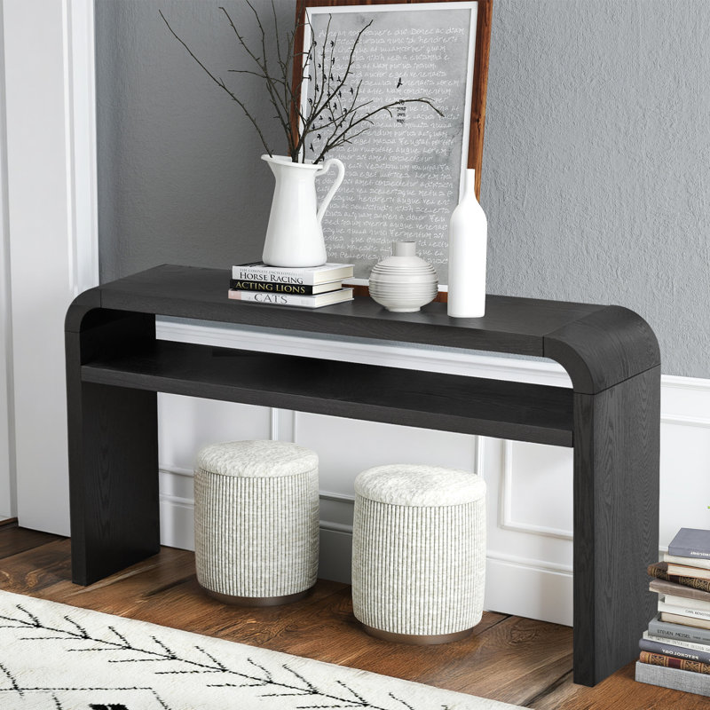 Console 59,4 po en bois avec placage en bois massif et coins arrondis, Noir