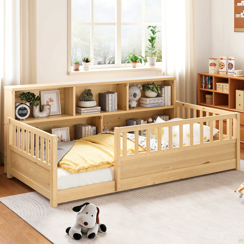 A Twin-Sized Wooden Floor Bed With A Fence-Style Guardrail, Natural, Twin