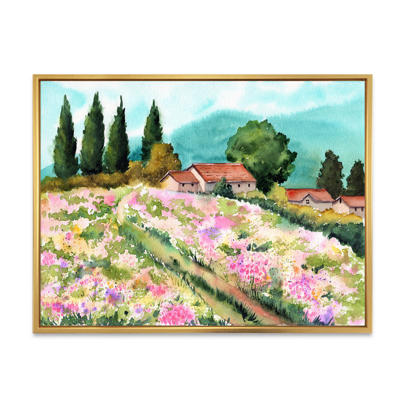 «Little Mountain House on in Meadows», peinture sur toile, Cadre flottant doré, H 30 po x l 40 po