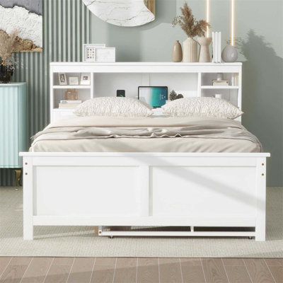 Platform Bed with Storage Headboard, USB Ports, Trundle and Three Drawers, Perfect for Modern Bedrooms and Space - Saving Living