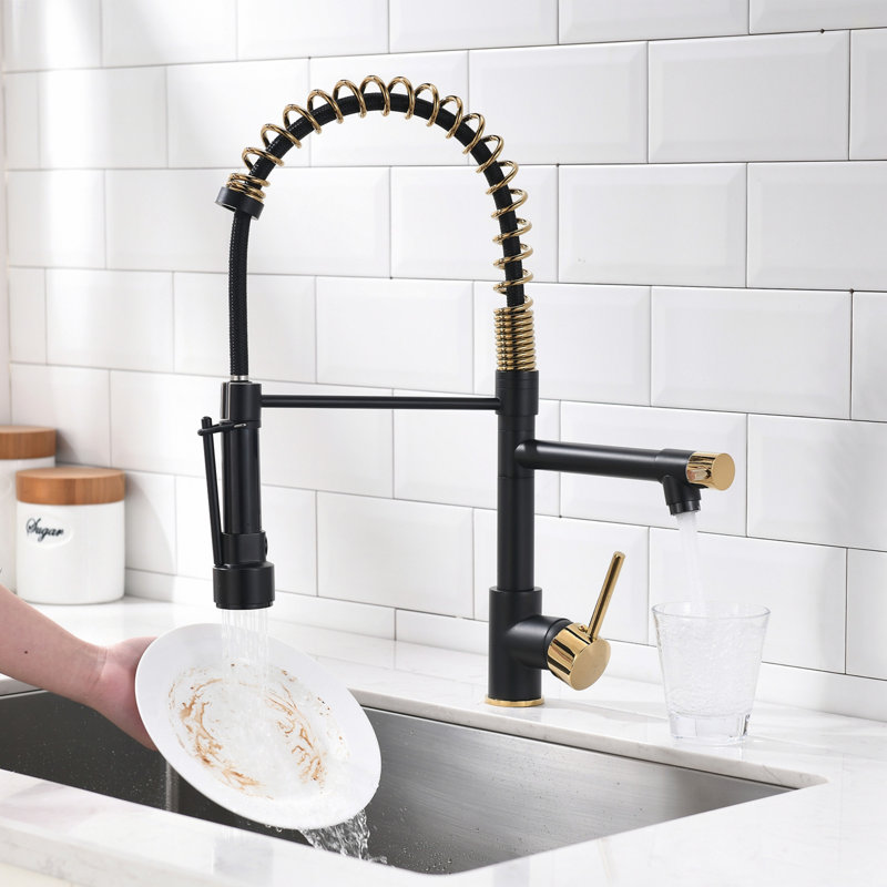 Commercial Kitchen Faucet With Pull Down Sprayer, Single Handle Single Lever Kitchen Sink Faucet, Black/Gold