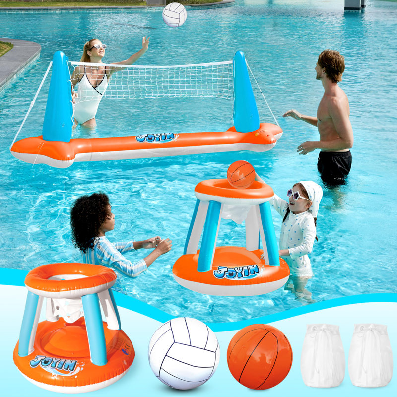 Inflatable Pool Float Set Volleyball Net & Basketball Hoops, Orange, Orange