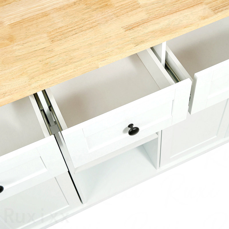 Kitchen Cart With Rubber Wood Drop-Leaf Countertop ,Cabinet Door Internal Storage Racks,Kitchen Island On 5 Wheels With Storage Cabinet And 3 Drawers For Dinning Room