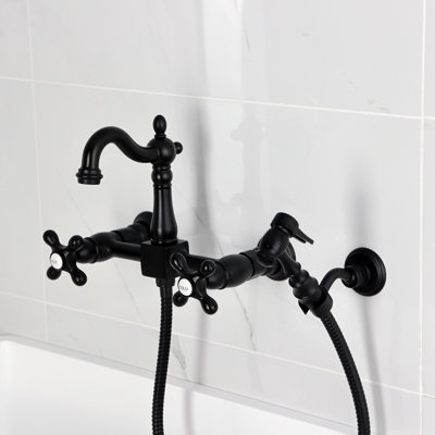 Kingston Brass Heritage Double-Handle 3-Hole Wall-Mount Bridge Kitchen Faucet with Brass Sprayer