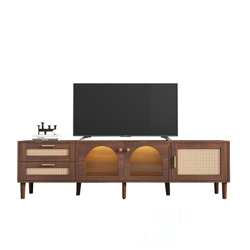 Rattan TV Stand With 3 Cabinets & 2 Drawers, LED Light Entertainment Center For Tvs Up To 80 Inches, Modern And Durable Media Console