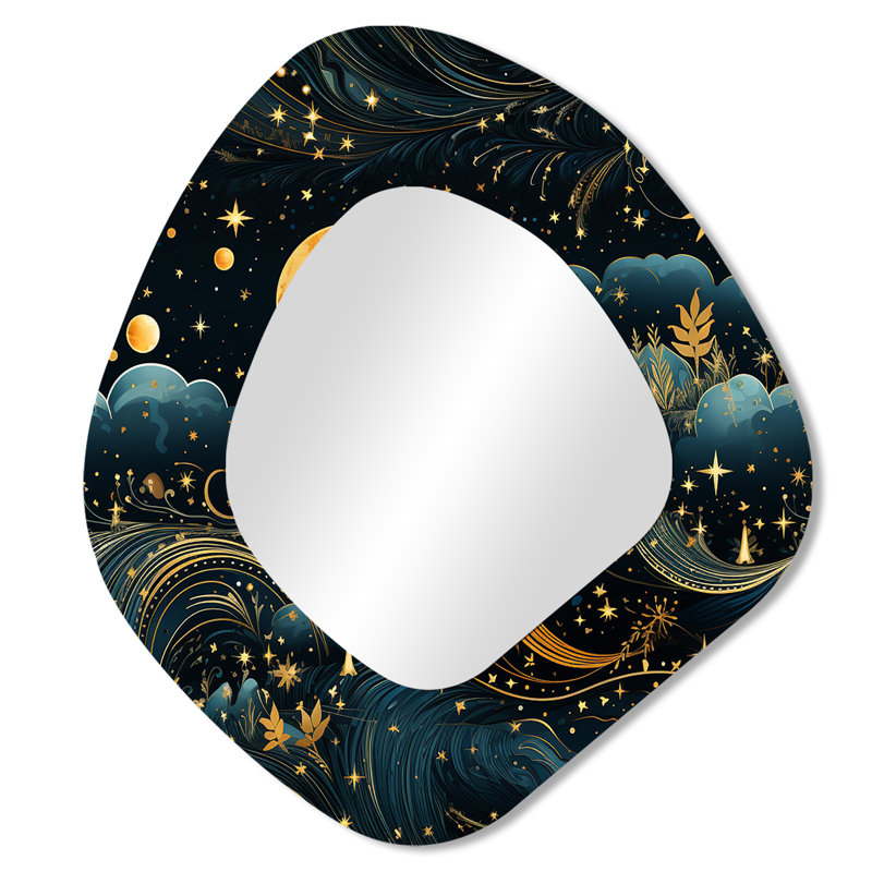 Blue Celestial Boho Pattern V - Boho Asymmetrical Decorative Mirror, Bohemian Unique Shape Wall Mirror, Printed Metal Art