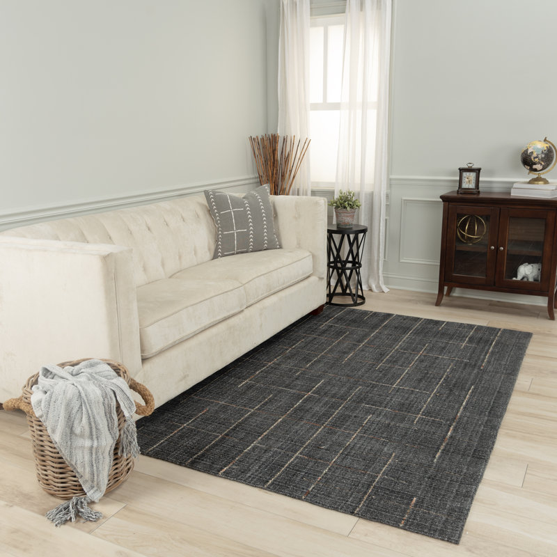 Tapis géométrique rectangulaire en laine tissé à la main gris Nickali, Rectangle 9 pi 6 po x 13 pi 6 po