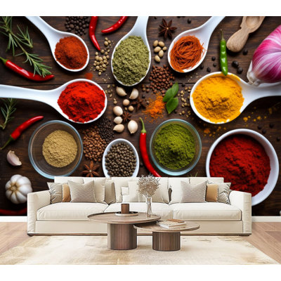 Peel and Stick Wallpaper Colorful Assorted Culinary Spices Spoons Bowls Rustic Wooden Flat Lay Wall Murals 69"H x 96"W Removable PVC Wall Paper Self-Adhesive Wall Decor for Bedroom Living Room Home Office
