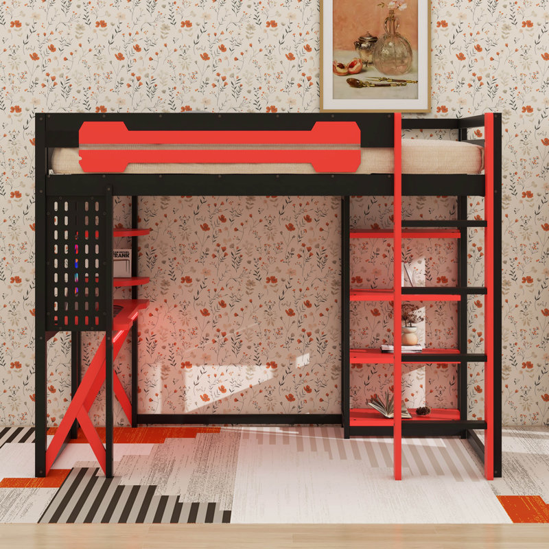 Full Size Wood Loft Bed With Desk RGB Light, Shelves, Black/Red
