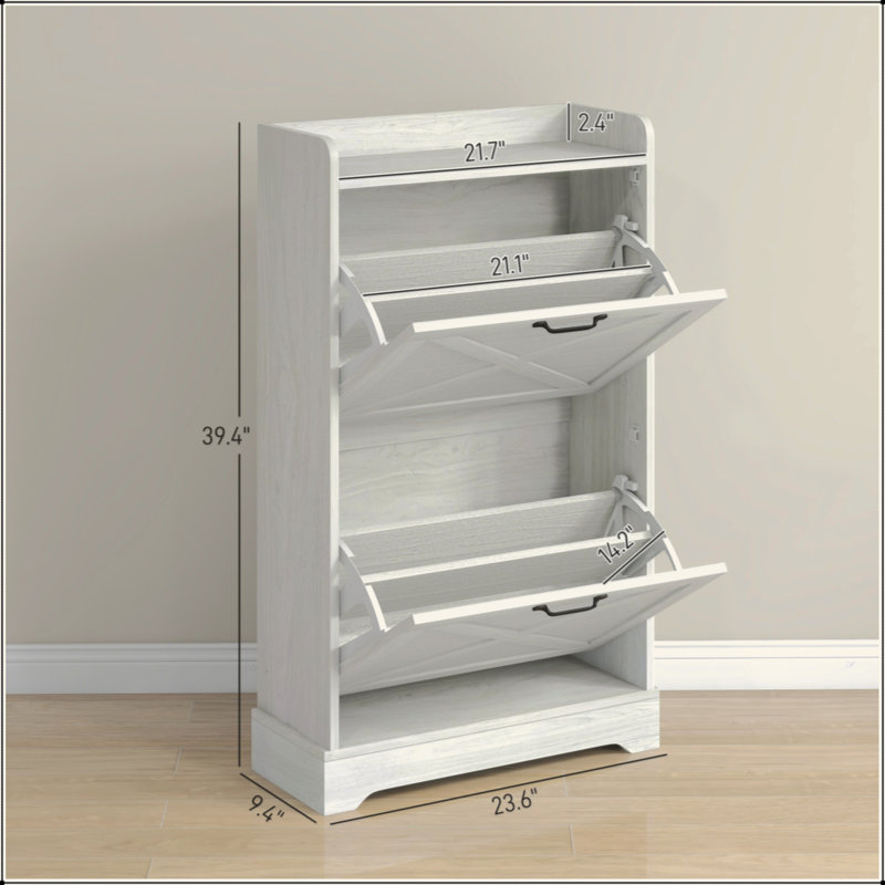 Slim Shoe Cabinet For Entryway, Farmhouse Hidden Shoe Storage Cabinet With 2 Flip Drawers And Adjustable Shelves For 8 Pairs Of Shoes, Distressed White