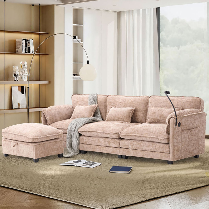 Modern Stylish L-Shaped Modular 3-Seater Storage Sofa with Phone Holder and Charging Station, Khaki Chenille