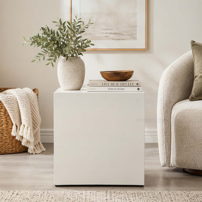 Minimalist Cube Accent Side Table with Built-in Carry Handles for Easy Movement and Versatile Home Decor in White
