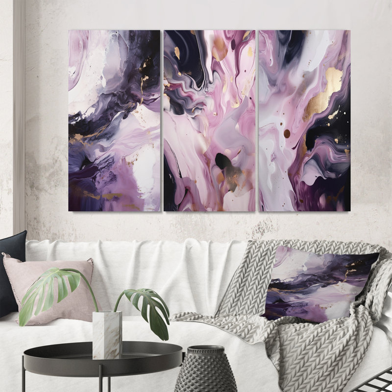 «Electric Marble Ink Art», 3 pièces, Toile tendue, H 32 po x l 48 po