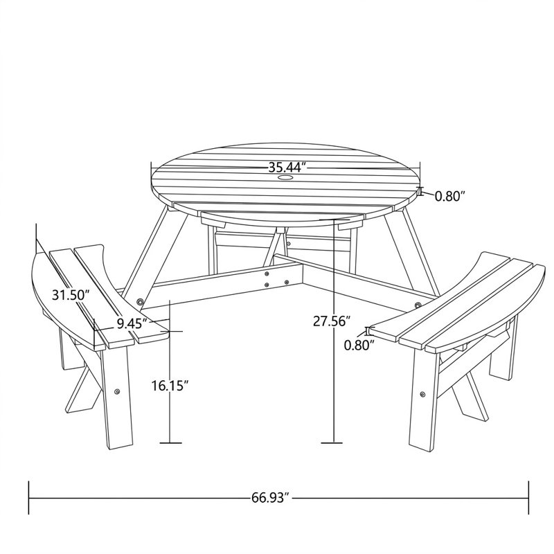 Mistie Farmhouse Outdoor Round Picnic Table with 2" Diameter Umbrella Hole, Brown