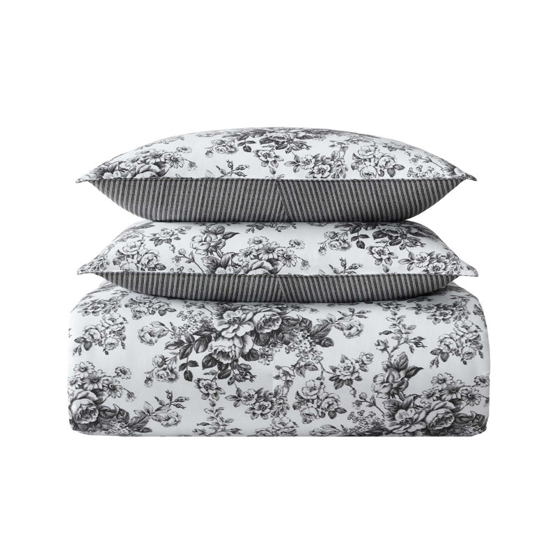 Laura Ashley Toile Delight Cotton Reversible Comforter Bonus Set, Queen Comforter + 6 Additional Pieces, Gray