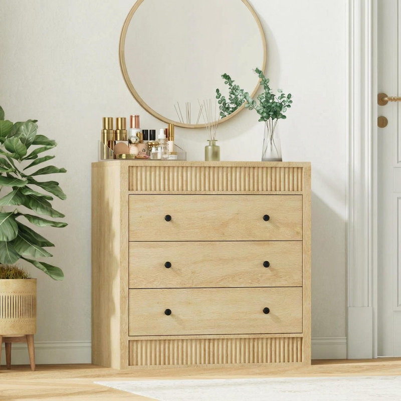 Commode 3 tiroirs pour la chambre à coucher, commode cannelée de 31,5 po de largeur, table de chevet moderne en bois pour chambre d'enfant, couloir, salon, chêne naturel