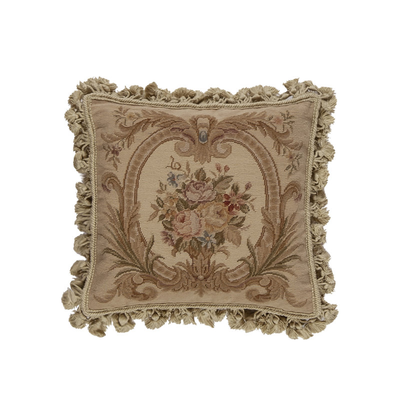 Needlepoint Fringed Reversible Throw Pillow, Beige Floral 3, Square 16"